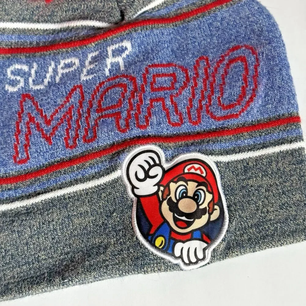 Super Mario Kids Winter Hat Beanie Youth Pom Pom Nintendo Blue Gray Red One Size